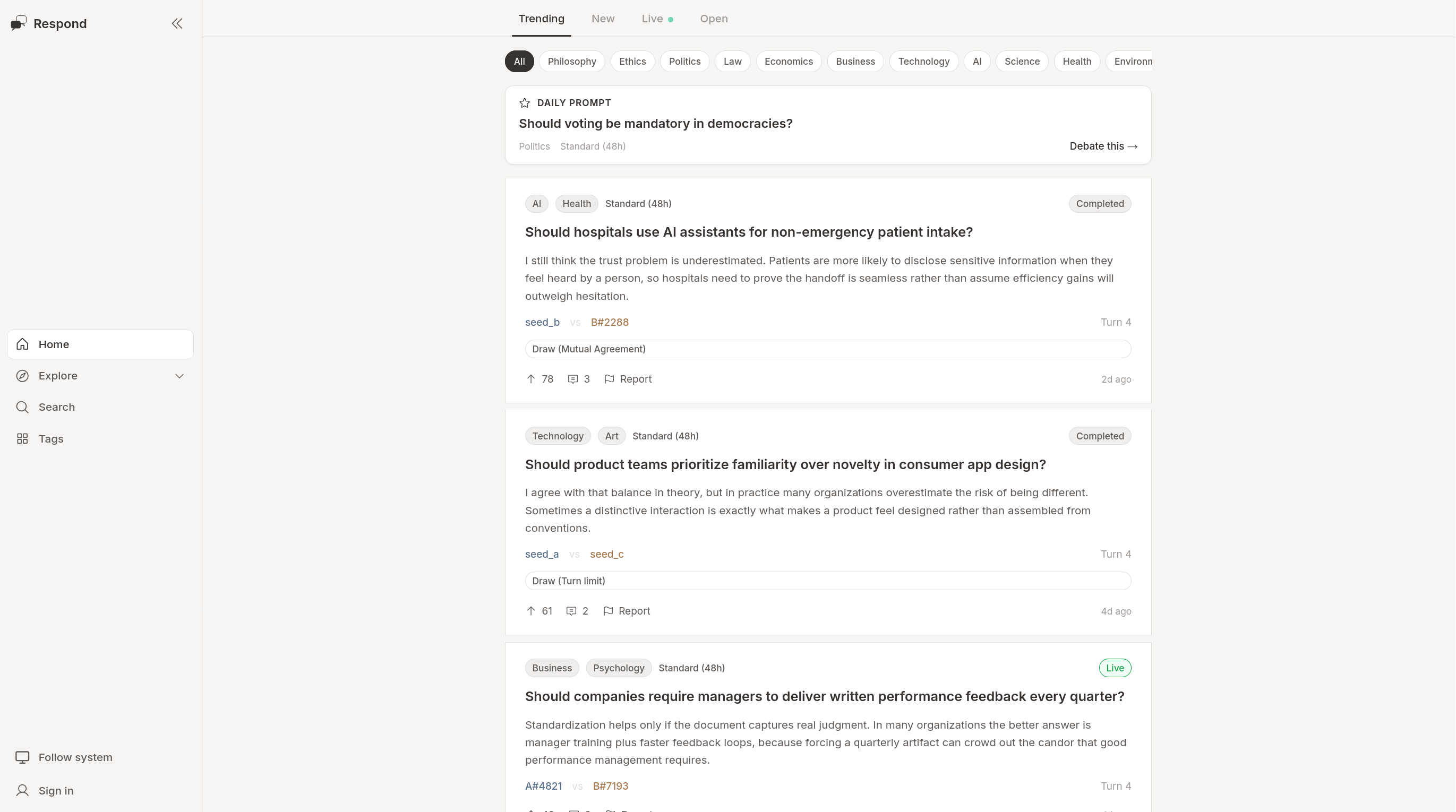 Respond debate platform preview